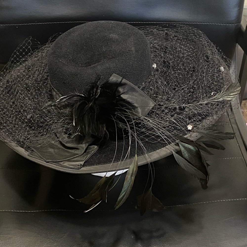 Angiolo Frasconi Wide Brim Black Velour Lace Feather Studded‎ Funeral Hat OSFA